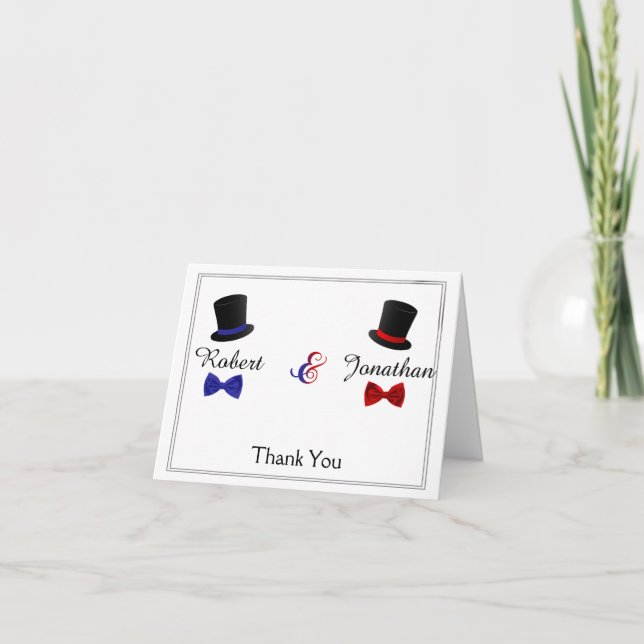 Top Hats Bow Ties Gay Red Blue Wedding Thank You (Front)
