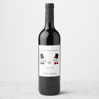 Top Hats Bow Ties Red Blue Gay Wedding Wine Label