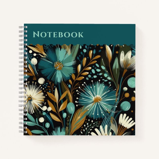  Top label Wildflower – Teal Blooms, Golden Accent Notebook (Front)