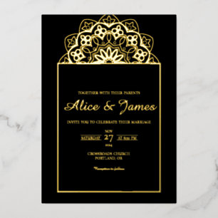 Top Mandala Crest Elegant Black Gold Foil Wedding Invitation