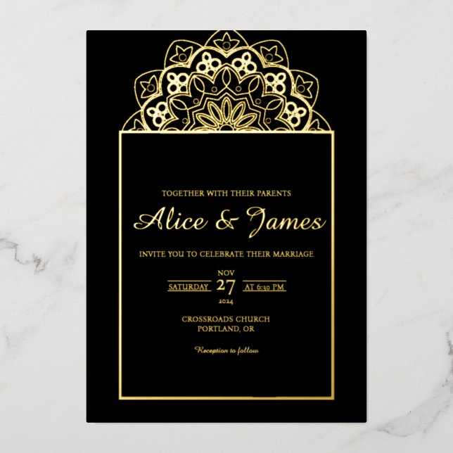 Top Mandala Crest Elegant Black Gold Foil Wedding Invitation (Front)