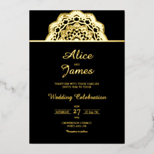 Top Mandala Frame Elegant Black Gold Foil Wedding Invitation