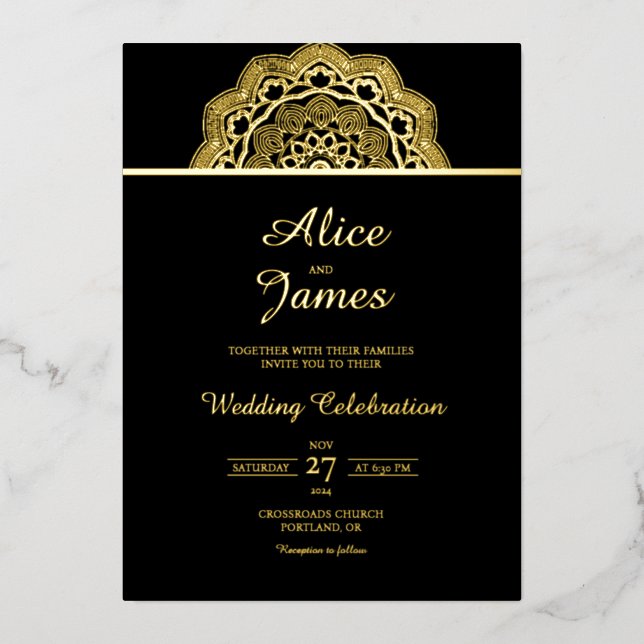 Top Mandala Frame Elegant Black Gold Foil Wedding Invitation (Front)
