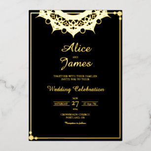 Top Mandala Header Elegant Black Gold Foil Wedding Invitation