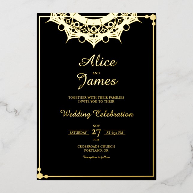 Top Mandala Header Elegant Black Gold Foil Wedding Invitation (Front)