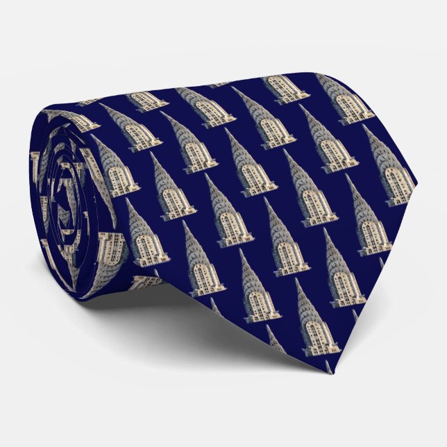 Top of the Chrysler Building NYC  B&W Navy Blue BG Neck Tie (Rolled)