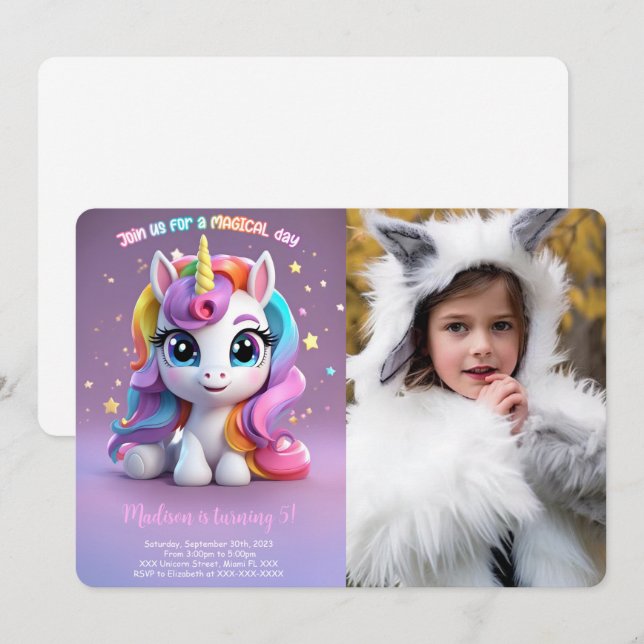 Top Rainbow Unicorn Birthday Invitation (Front/Back)