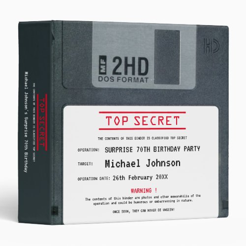 Top Secret 80s Floppy Disk 70th Birthday Party 3 Ring Binder