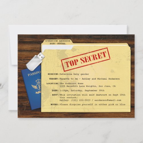 Top Secret Agent Mission Baby Gender Reveal Party Personalized Invites