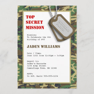 Top Secret Camouflage / Camo Birthday Party Invitation