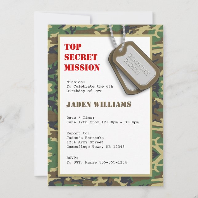 Top Secret Camouflage / Camo Birthday Party Invitation (Front)