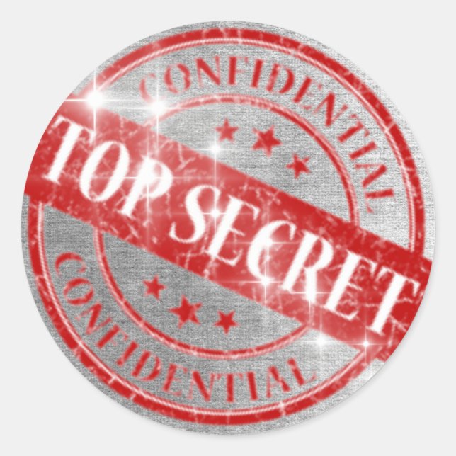 Top Secret Confidential Silver Glitter Classic Round Sticker (Front)