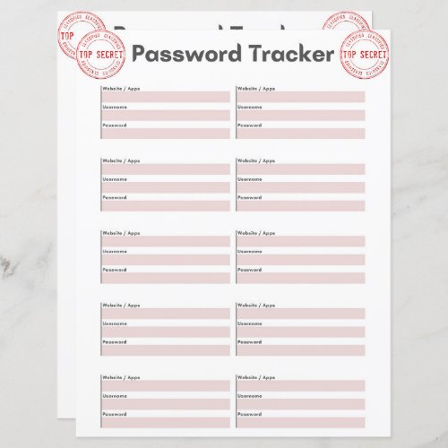 Top Secret Password Tracker Paper Sheet