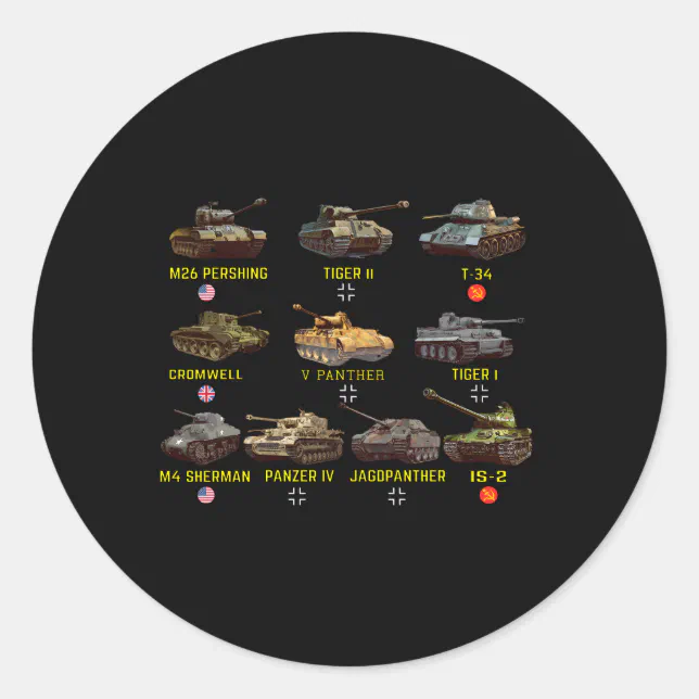 Panzer Window Sticker Top Ten Best Ww2 Tanks Panzer Iv Tiger Ii T-34 Classic Round Sticker ...