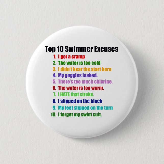 Top Ten Swimmers Excuses Button (Front)