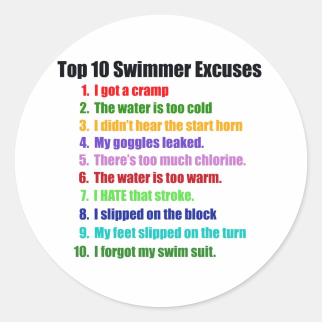 Top Ten Swimmers Excuses Classic Round Sticker (Front)