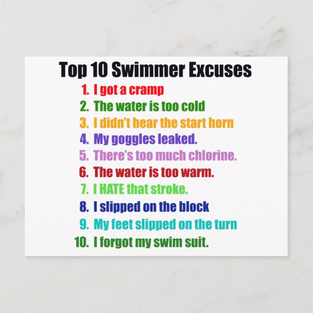 Top Ten Swimmers Excuses Postcard (Front)