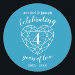 Topaz blue anniversary 4 years of love stickers<br><div class="desc">Blue topaz celebrating 4 years of love anniversary stickers. Simple outline heart topaz stone effect graphics in blue and white, 4th Wedding Anniversary round stickers. Customize with your own four wedding anniversary party details. The 4th Anniversary is associated with blue topaz gemstone and the heart symbolises love. Graphics and design...</div>