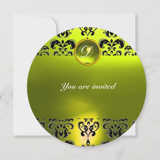 TOPAZ DAMASK GEM STONE MONOGRAM black yellow Invitation (Front)