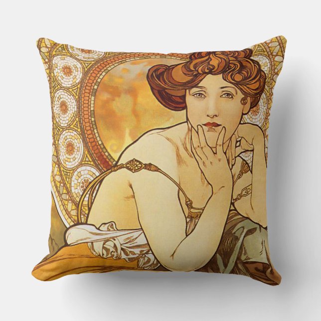 Topaz Gems Series, Alphonse Mucha Art Nouveau Throw Pillow (Front)
