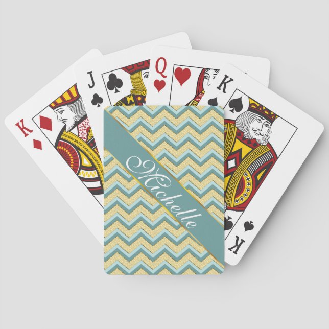 Topaz Glitter Chevron Pattern Poker Cards (Back)