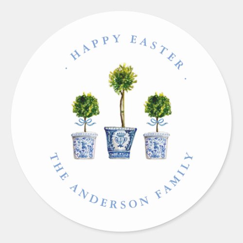 Topiaries Blue  White Happy Easter Label  Seal