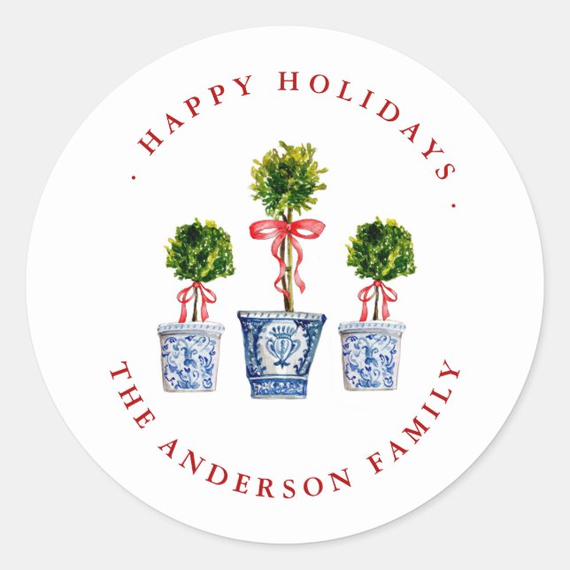 Topiaries with Red Bow Holiday Label / Seal (Front)