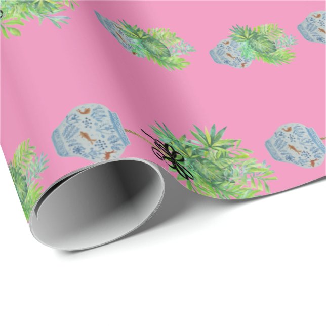 Topiary Topiaries Blue and White Ginger Jar Wrapping Paper (Roll Corner)