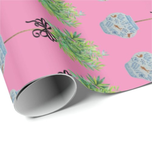 Topiary Topiaries Blue and White Ginger Jar Wrapping Paper