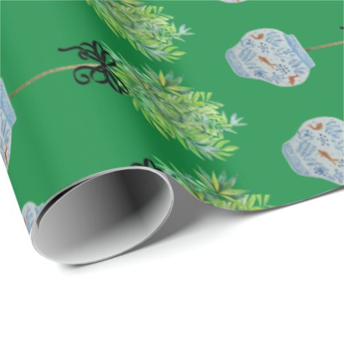 Topiary Topiaries Blue and White Ginger Jar Wrapping Paper