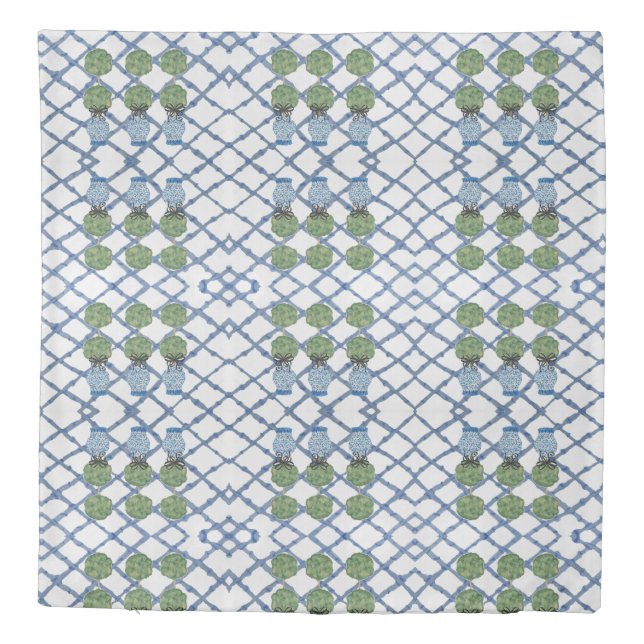 Topiary Topiaries Blue White Ginger Jar Jars Duvet Cover (Back)