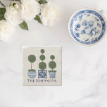 Topiary Tree Chinoiserie Trio  Stone Coaster<br><div class="desc">Bring timeless elegance to your table with this topiary tree stone coaster, featuring beautifully hand-painted watercolor topiary trees in classic blue-and-white chinoiserie pots. A perfect blend of grandmillennial charm and preppy sophistication, this coaster adds a refined touch to any space while protecting your surfaces. The natural stone texture enhances its...</div>