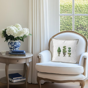 Topiary Tree in Stone Planters and Ticking Stripe Throw Pillow