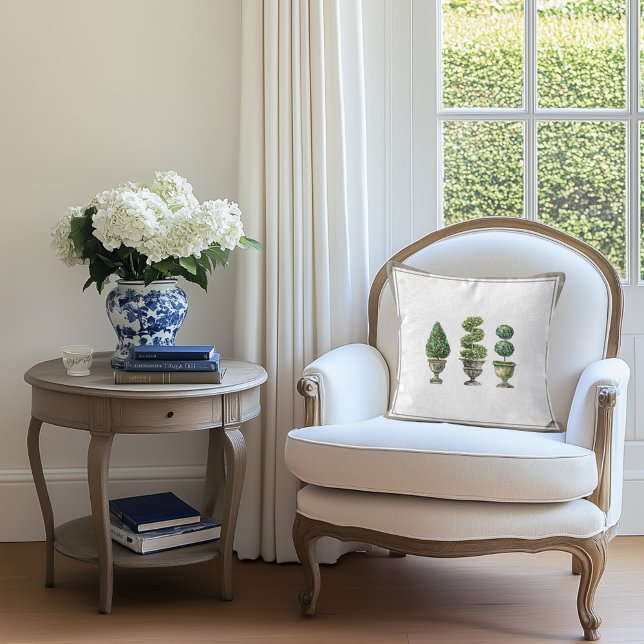 Topiary Tree in Stone Planters and Ticking Stripe Throw Pillow (Topiary Tree Stone Planters Pillow)