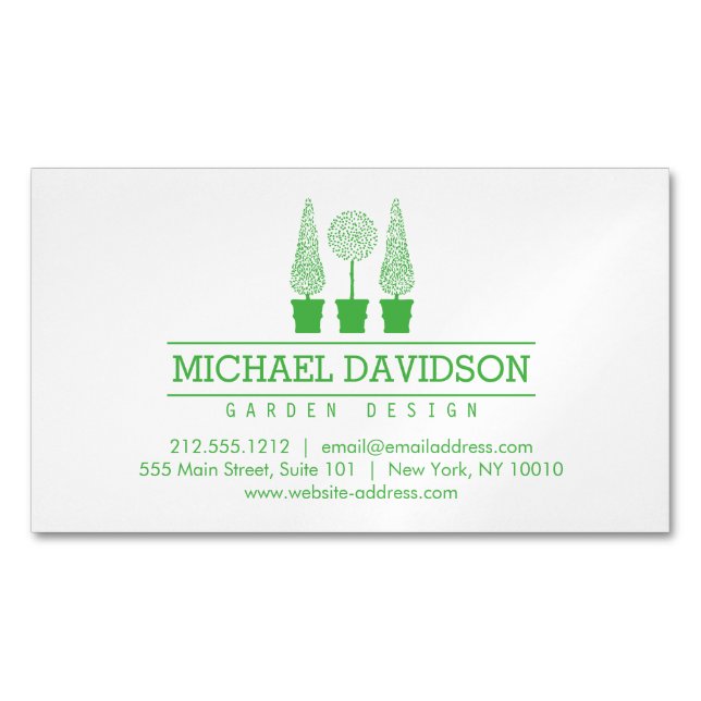 Topiary Trio Gardener Landscaping Bright Green Business Card Magnet (Front)
