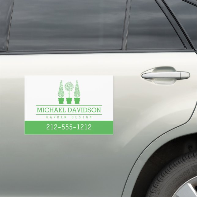 Topiary Trio Gardener Landscaping Bright Green Car Magnet (In Situ)