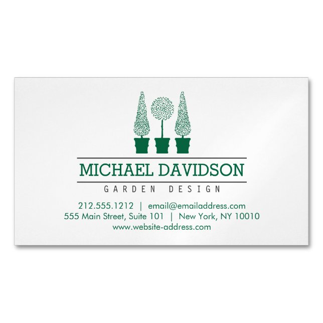 Topiary Trio Gardener Landscaping Dark Green Business Card Magnet (Front)