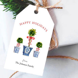 Topiary with red bow Happy Holidays Gift Tags