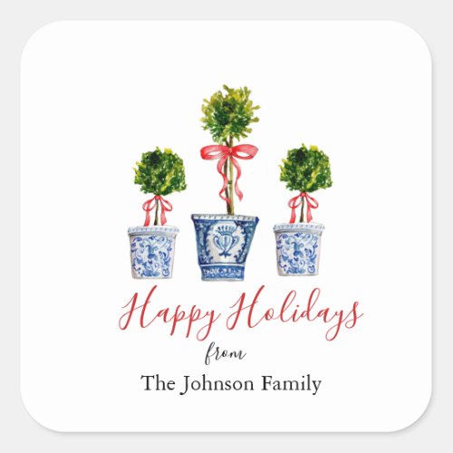 Topiary with red bow Holiday square  Square Sticker