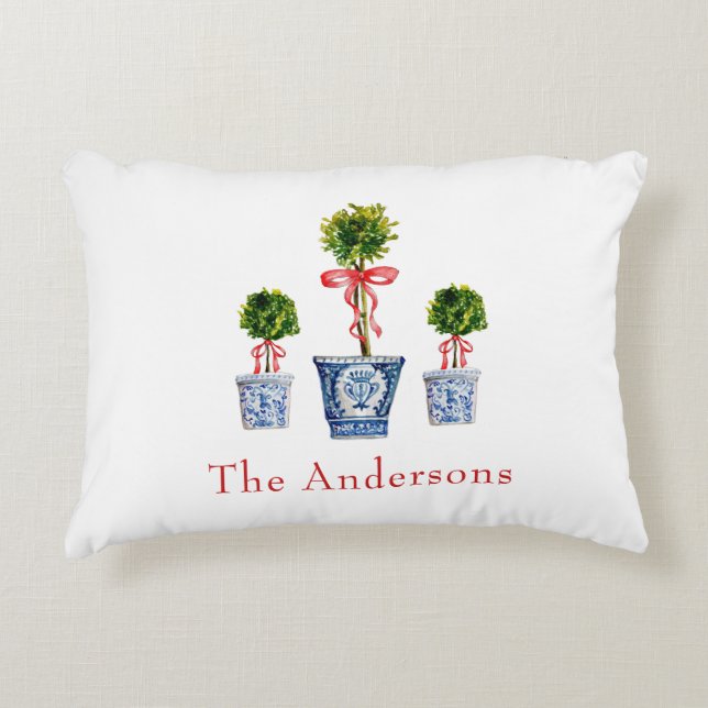 Topiary with red bow Personalized Holiday  Accent Pillow (Front)