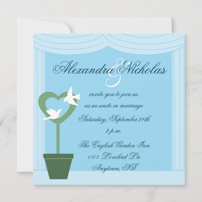 Topiary with White Doves Blue Wedding Invitation (Front)