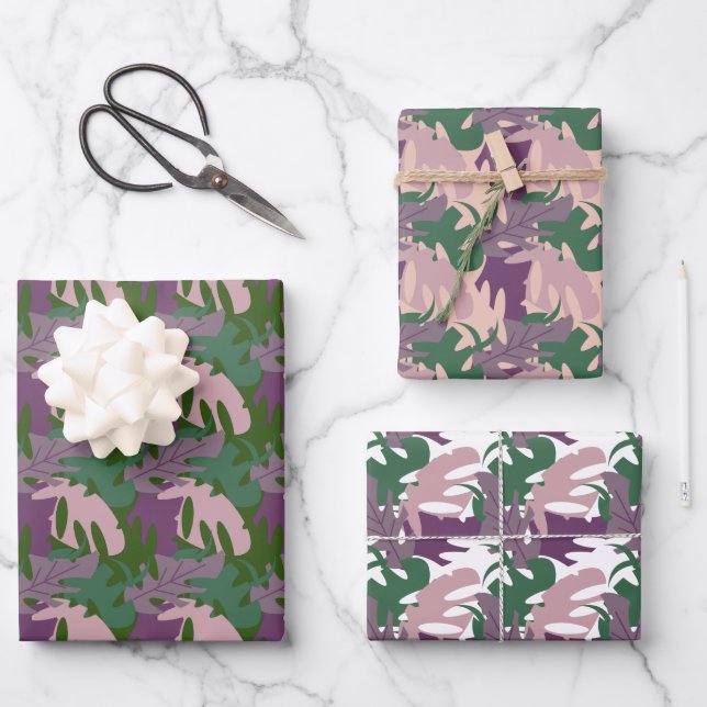 Topical Leaf Monstera Purple Green Jungle Wrapping Paper Sheets (Front)