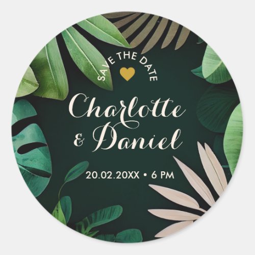 Topical Leaves Pattern  Save The Date  Wedding Classic Round Sticker