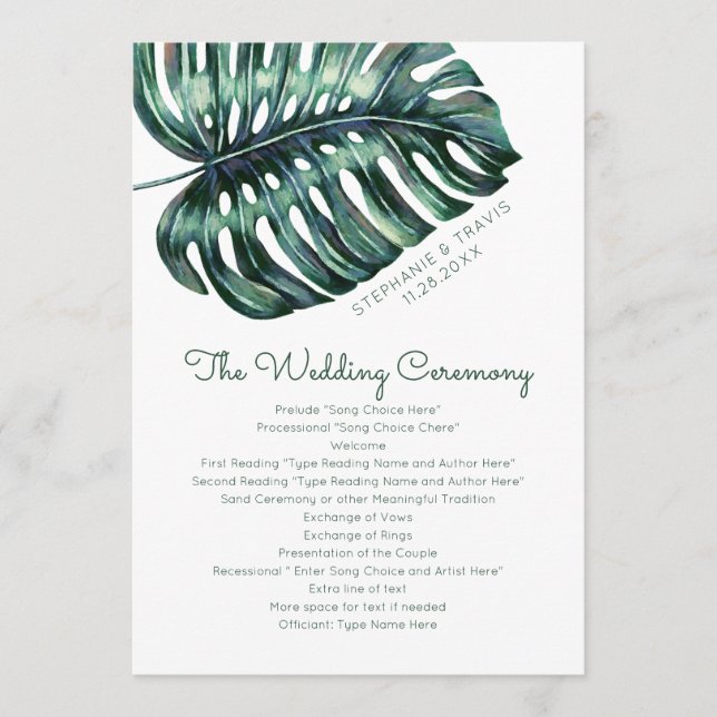 Topical Monstera Leaf Beach Island Wedding Program (Front)