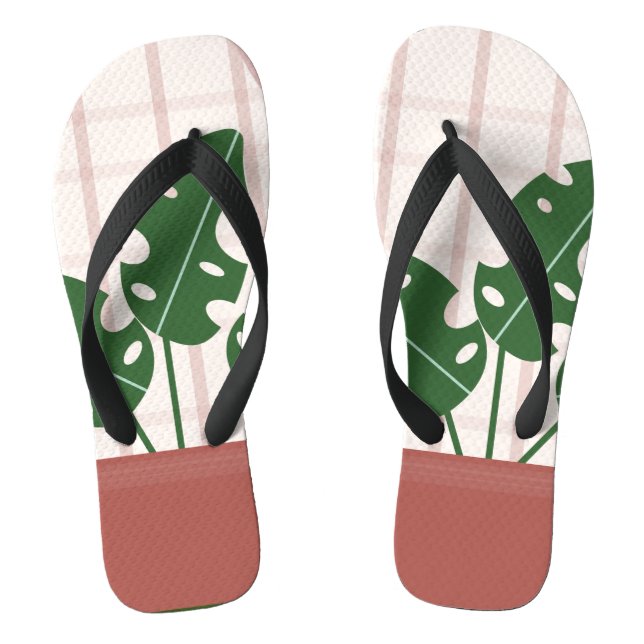 Topical Monstera Terracotta Pink Plaid Flip Flops (Footbed)