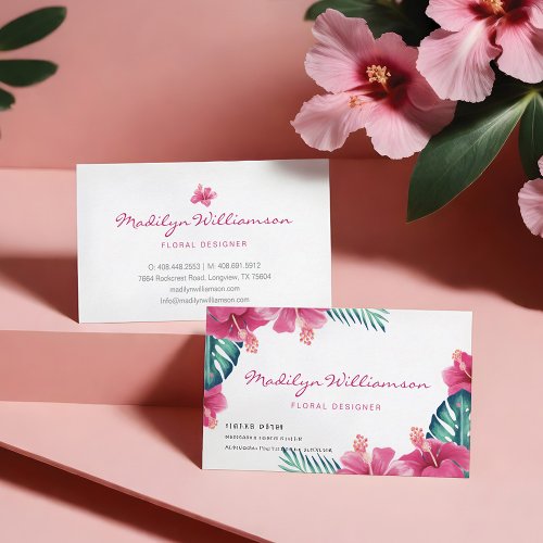 Topical Pink Hibiscus Floral  Foliage Watercolor Business Card
