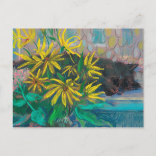 Topinambour Dreams Black Cat Yellow Flowers Pastel Postcard