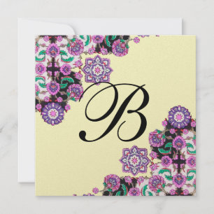 TOPKAPI BLACK  WHITE DAMASK MONOGRAM pink gold Invitation