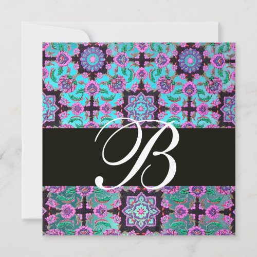 TOPKAPI BLUE  BLACK  DAMASK MONOGRAM pink green Invitation