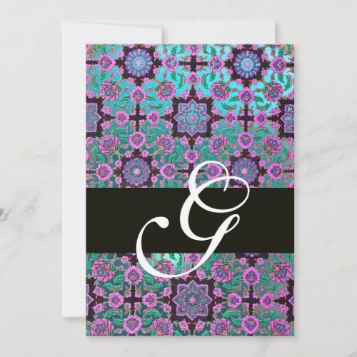 TOPKAPI BLUE  BLACK  DAMASK MONOGRAM pink green Invitation